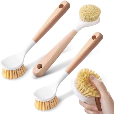Cheer Collection Bamboo Dish Brush Set of 3 – Kitchen Scrub Brushes with Non-Scratch Bristles for Pots, Pans, and Sink Cleaning – Durable Dishwashing Brushes for Daily Kitchen Use by CheerCollection
