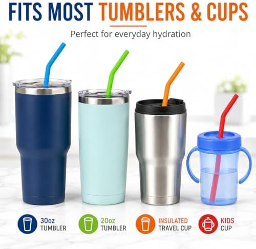 Reusable Silicone Straws for Tumblers, Smoothies & Kids Drinks – 15 Pack Flexible BPA-Free Drinking Straws with 2 Cleaning Brushes – Soft on Teeth & Lips – Fits 20oz & 30oz Tumblers - Image 4