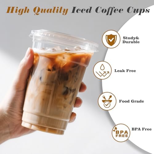 Ginkgo 50 Pack 20 oz Plastic Iced Coffee Cups with Lids and Straws - Image 3