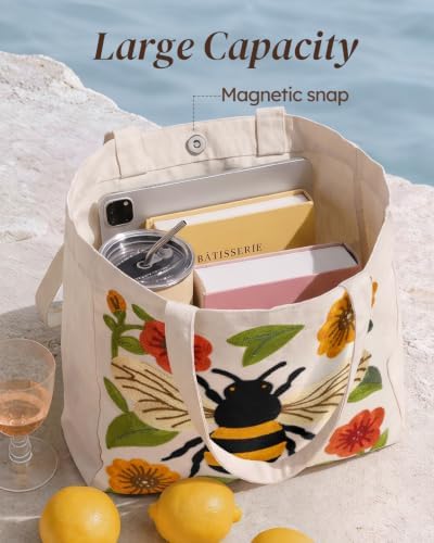 Floral Embroidery Canvas Tote Bag with Magnetic Closure for Daily - Image 5