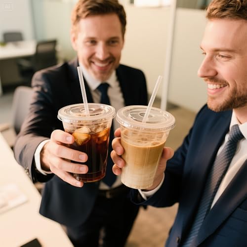 Ginkgo 50 Pack 20 oz Plastic Iced Coffee Cups with Lids and Straws - Image 6
