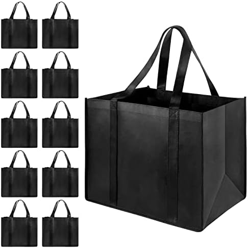 LadyRosian 10 Pack Heavy Duty Kitchen Reusable Grocery Bags, Durable XL Shopping Tote with Handle Can Hold 45+lbs, Stands Upright, Foldable & Washable (Black) by LadyRosian