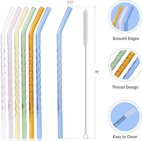 6-Pack Reusable Glass Straws Set, Clear Glass Drinking Straw, Cute Colorful Straws with Cleaning Brush, 8''x8MM - Image 2