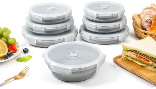 Plus 6PCS Foldable Silicone Food Storage Containers for Kitchen Storage for Leftovers Fruits and Meal Prep Dishwasher Safe Microwave Safe Ideal for Home and Travel (grey, round) by TZCOBLI