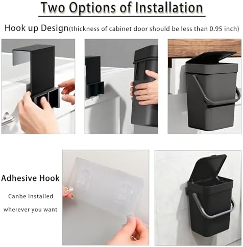 Compost Bin Kitchen, for use on Countertops or Under Sinks, Hanging Trash Can with Lid, Mountable Indoor Compost Bucket, for Cupboard/Bathroom/Bedroom/Office/Camping (Black 0.8 Gallon/3L) - Image 6