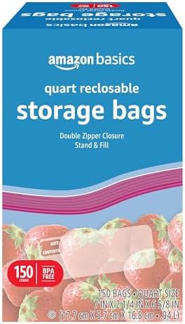 Amazon Basics Reclosable Quart Food Storage Bags with Double Zipper Seal, BPA Free, 150 Count by AmazonBasics
