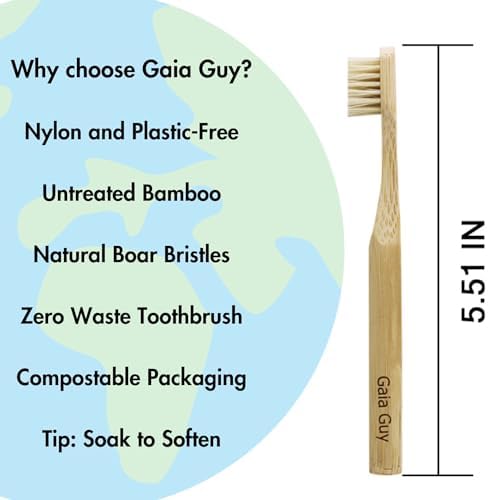 Gaia Guy Natural Bristle Bamboo Toothbrush for Kids (NO Nylon - Boar Hair ONLY) - Totally Compostable & Biodegradable Boar Bristle and Bamboo Toothbrushes - Zero Waste - 6-Pack - Image 2