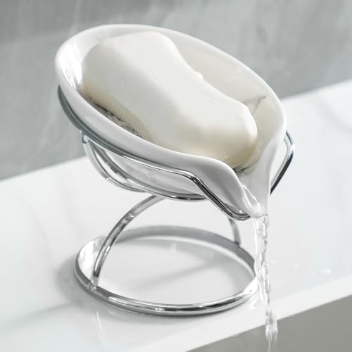Dobbyby Leaf-Shaped Soap Dish – Premium Ceramic Soap Bar Holder with Self-Drainage System – Bar Soap Holder for Shower, Bathroom Sink, Kitchen – Waterfall Soap Dish with Stainless Steel Stand (SLIVER) by Dobbyby