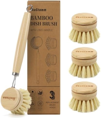 Long Handle Bamboo Dish Brush Set with 4 Replacement Brush Head by %C3%96KOSTAMM