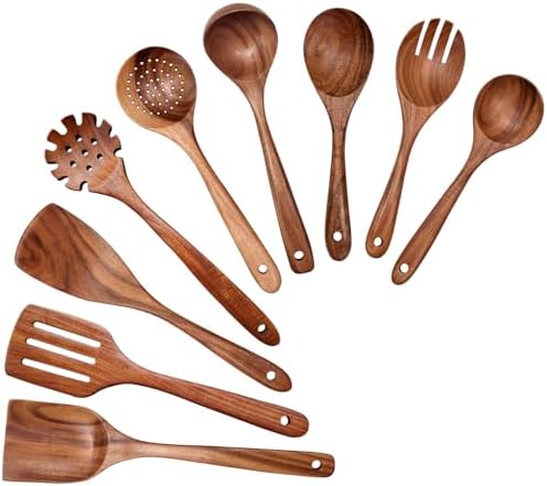 Wooden Spoons for Cooking 9 Pieces Set, Wooden Kitchen Utensil Set, Wooden Cooking Utensils Spoons, Spatulas, Heat-Resistant, Lightweight & Durable, Perfect for Non-Stick Cookware by YYLTJR