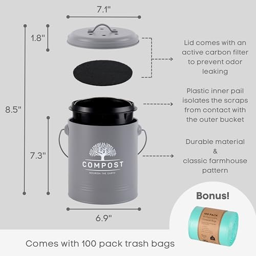 Perfnique Kitchen Compost Bin, 1.3 Gallon Countertop Compost Bin with Lid, Indoor Compost Bucket Includes Inner Bucket Liner and Carbon Filter, Small Compost Bin with Trash Bags (with Bags, Grey) - Image 2