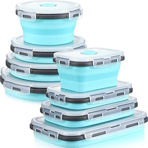 Mimorou 8 Pcs Collapsible Food Storage Containers Foldable Silicone Lunch Containers with Lids 4 Silicone Rectangle Collapsible Bowls and 4 Round Food Bowls Microwave Freezer Dishwasher Safe (Blue) by Mimorou