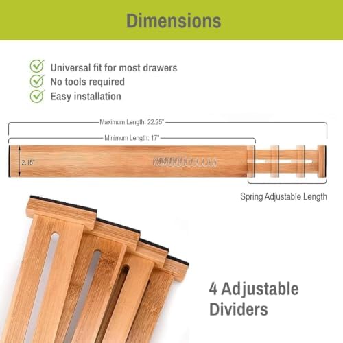 Homemaid Living Bamboo Drawer Organizer Adjustable and Expandable - Ideal Drawer Dividers for Kitchen, Dresser, Bedroom and Bathroom - Expandable Drawer Organizer Set of 4 - Water-Resistant Finish - Image 3