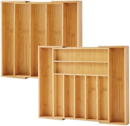 Purawood Bamboo Drawer Organizer, 2 Pack - Expandable Silverware Organizer & Utensil Organizer, Cutlery Tray with Dividers, 7-9 Slots - Premium Kitchen Organizer for Utensils & Flatware (Natural) by PURAWOOD