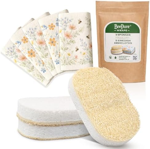 BeePure Eco-Friendly Kitchen Cleaning Bundle - 5 Reusable Swedish Dishcloths & 3 Kitchen Sponges, Absorbent Cellulose Cloths, Washable Paper Towel Alternative by Unknown