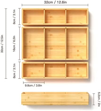 DUJEN Bamboo Drawer Organizer 12.5'' X 12.5'' X 2'', Adjustable 3 Individual Junk Drawer organizer for Bathroom and Kitchen, Wood Drawer Tea Organier Boxes for Silverware, Make up and Tea Bag - Image 2