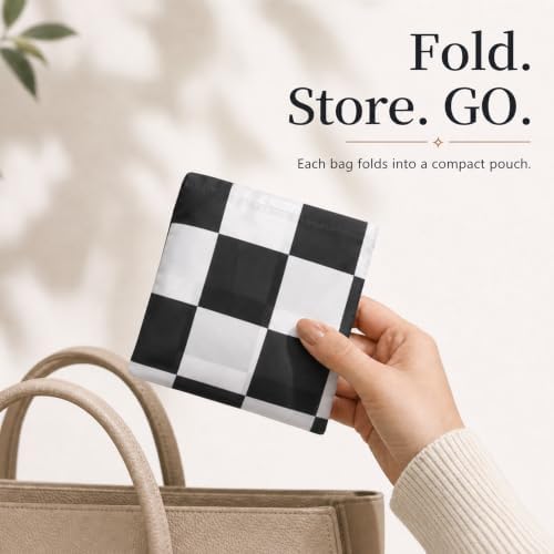 Checkered Reusable Grocery Shopping Bags 4 Packs, Cute Checkerboard Foldable Kitchen Large Nano Tote Bags - Image 5