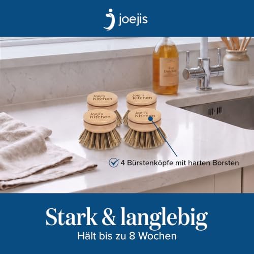 Joejis Hard Bristle Dish Brush Replacement Heads Set of 4 Wooden Eco Washing Up Brush with Sisal Fibre Bristles - Dish Brushes for Washing Up Plates, Stove Tops, Bathtubs, & More - Image 6