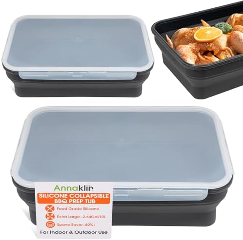 Silicone Collapsible Marinating Container with Lid for Meat, 2.64Gal/10L, 2 Pack Extra Large Collapsible BBQ Prep Tub, Transparent Locking Lid, XL Grill Prep Trays & Carry System, BBQ Must-Have, Black by Annaklin