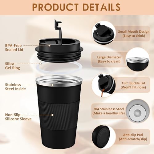 KETIEE Travel Mug 12oz, Vacuum Insulated Coffee Mug with Leakproof Lid, Travel Coffee Tumbler Stainless Steel Double Walled Reusable Coffee Cup for Hot and Iced Water (Black) - Image 6