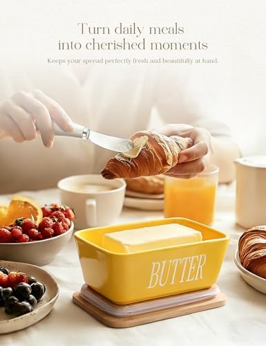 Ceramic Butter Dish with Lid and Knife Silicone Seal for Countertop Yellow - Image 5