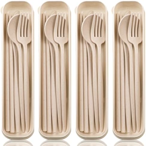 ELANE 4 Sets Reusable Travel Utensils Set with Case,Camping Cutlery Set Reusable Cutlery Set with Case,Utensil Sets for Lunch Picnic Daily Use Outdoor (beige) by ELANE