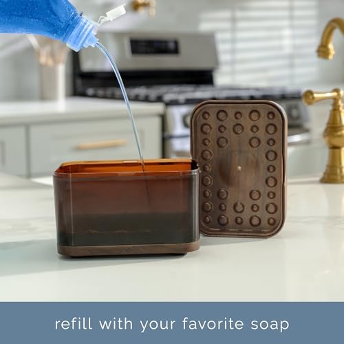 S&T INC. Dish Soap Dispenser and Sponge Holder, Plastic Walnut and Amber - Image 3