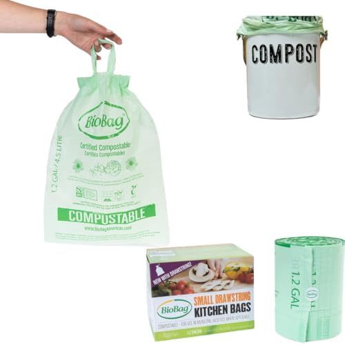 1.2 Gallon Compostable Drawstring Food Scrap Bags by BioBag, 80 Count, BPI Certified, Meets ASTM D6400 Standards, Made in USA, Kitchen Counter Bin Liners by BioBagAmericasInc