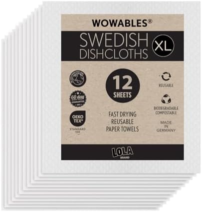 Swedish Dishcloths for Kitchen XL, 12 Sheet Roll, Biodegradable & Compostable, Reusable Paper Towel Cleaning Cloths, 11" x 10", No Odor, Washing Dishes, Ultra Absorbent Cellulose Sponge Towel, By LOLA by LolaProducts
