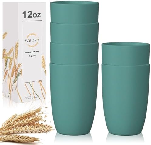 Wrova Wheat Straw Cups 6 PCS Good Alternative to Plastic Reusable Cups 12 oz Unbreakable Drinking Cup Reusable Dishwasher Safe Water Plastic Glasses Green by WROVA