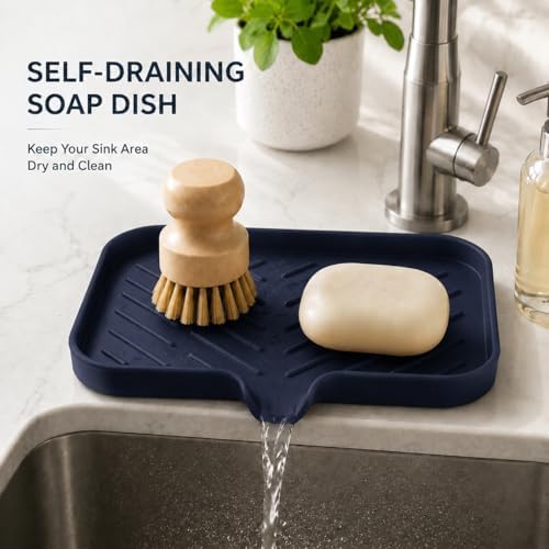 MicoYang Silicone Soap Dish with Drain Spout — Self-Draining Sink Organizer Tray for Bathroom & Kitchen, Sponges, Dispensers & Soap Holder, Non-Slip & Dishwasher Safe, Navy Blue (Medium, 9.6"×5.3") - Image 6