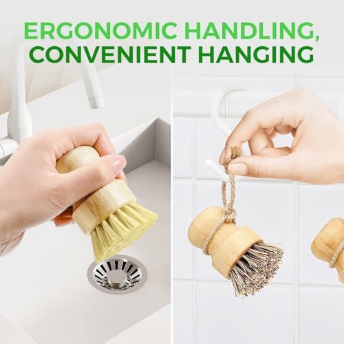 AIRNEX Bamboo Dish Brush Set of 3 - Natural Wooden Dish Scrubber w/Medium Stiff Sisal & Coconut Bristles - Kitchen Scrub Brush for Dishes, Pots & Pans - Plastic Free, Non Scratch Bristles - Image 6