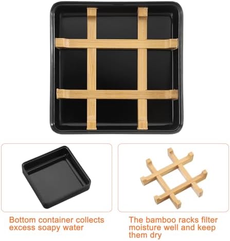 uxcell Wooden Soap Holder, Detachable Self Draining Square Soap Dishes with Lid, Wooden Bamboo Soap Bar Tray for Shower (Single Pack Right Angle Black) - Image 3
