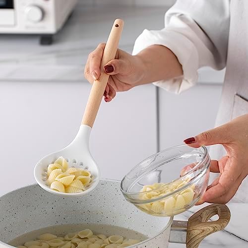 Country Kitchen Non Stick Silicone Utensil Set with Rounded Wood Handles for Cooking and Baking, 14 Piece Set, White - Image 5