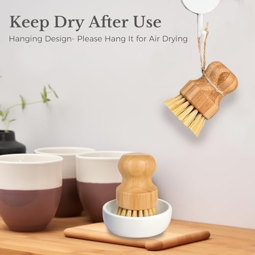 Bamboo Dish Scrub Brush for Kitchen Sink, Natural Wooden Washing Dish Brush Scrubber, Sisal Bristles Brush for Household Cleaning Cast Iron Brush Pots(Ceramic Dish+ 4P Sisal) - Image 7