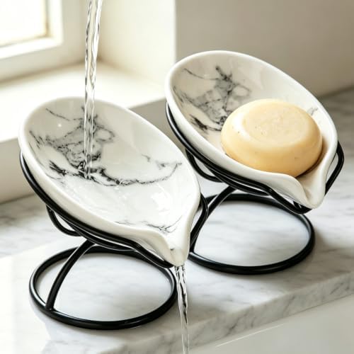 Dobbyby Leaf-Shaped Soap Dish – Ceramic Soap Bar Holder with Self-Drainage System – Bar Soap Holder for Shower, Bathroom Sink, Kitchen – Soap Dish with Stainless Steel Stand (White-Black-2 Pack) by Dobbyby