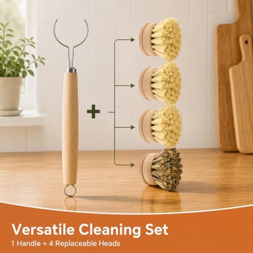 DEBETOOL Bamboo Dish Brush with Handle & 4 Replacement Heads - Image 4