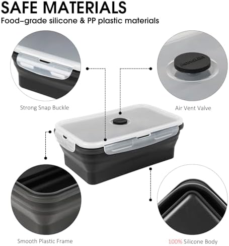 Collapsible Food Storage Containers with Lids, 8 Pack, 40 oz Silicone 1-Compartment Meal Prep Containers Reusable, Lunch Bento Boxes for Adults, Microwave Freezer Dishwasher Safe, BPA-Free, Black - Image 5
