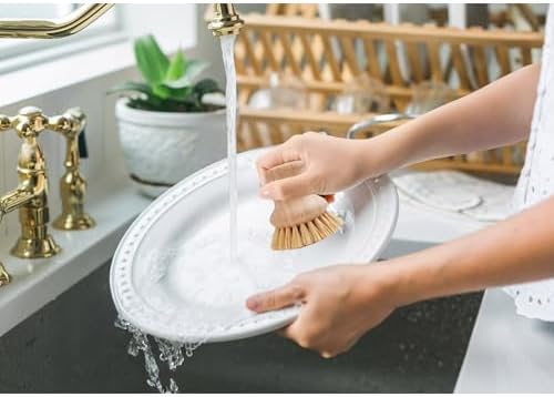 HIC Harold Import Co. Kitchen Natural Bristle Dish Pan Scrub Brush, Non-Scratch Natural Tampico Bristles with Wooden Handle - Image 3