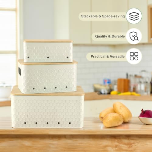 Kitchen Vegetable Storage Set of 3, Metal Onion Garlic Potato Storage Set, Kitchen Canisters Vegetable Keeper Containers with Aerating Holes and Bamboo Lid,Embossed Beige - Image 5