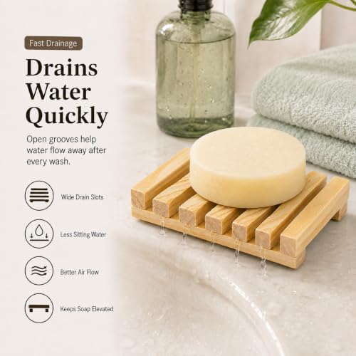Bamboo Soap Dish for Bar Soap, Raised Wooden Holder with Drain Slots，Natural Pine Wood Soap Box - Image 3