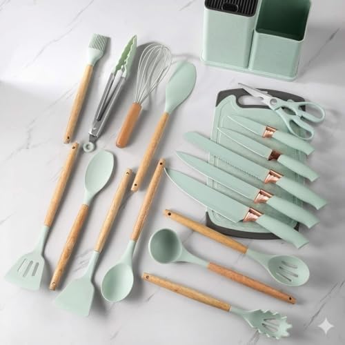 Silicone Kitchen Utensil Set, 19 Piece with Wooden Handles, Cutting Board, Storage Holder, Black Pink Gray Mint Green, Cooking Tools with Organizer (Green) - Image 2
