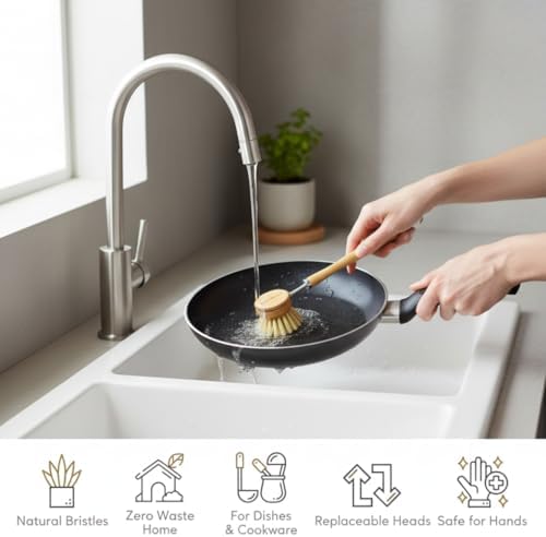 Bamboo Dish Brush, Bamboo Dish Brush with Handle, 4-in-1 Kitchen Cleaning Set – Includes 1 Sisal, 2 Sisal Replacement Heads, Coconut Fiber Replacement Head for Pots, Pans, Dishes.. - Image 5