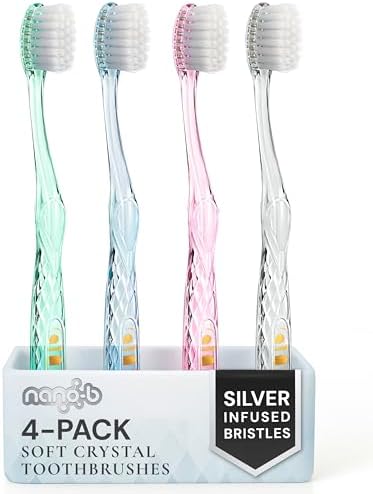 Nano-b Manual Toothbrush Set for Adults with Sensitive Gums, Silver Soft/Medium Bristles, Travel Cases, Blue, Pink, Green, Crystal, 4-Pack by Nano-bPremiumOralCare