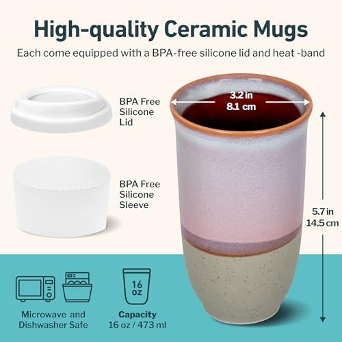 NOVA CERAMICS Coffee Travel Mug – Reusable To Go Mug – Microwave & Dishwasher Safe White & Purple Tumbler - Gifts For Women Men Him Her – 16oz – Horizon - Image 3