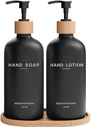 Black Glass Soap and Lotion Dispenser Set with Tray by Brighter Barns - Liquid Hand Soap Dispenser and Pump - Bamboo Bathroom Accessories & Modern Bathroom Decor (Black) by BrighterBarns