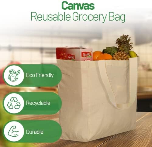 Greenmile 3 Pack Canvas Reusable Grocery Bags - Cotton Canvas Grocery Bag Cloth Shopping Tote With Long Handles Bulk - Heavy Duty Grocery Tote Bag - Large, Foldable and Lightweight - Capacity 40 lbs - Image 4