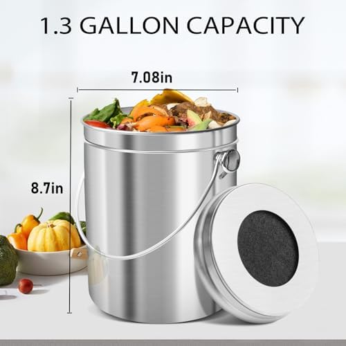 ENLOY Compost Bucket for Kitchen Countertop, 1.3 Gallon, Stainless Steel - Image 2