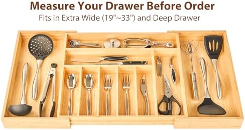 Umilife Extra Large Expandable Kitchen Siverware Utensils Drawer Organizer, 19" Deep for Big Drawer, Adjustable Bamboo Wood Drawer Divider with Curved Grooves, Cutlery Tray Flatware Holder - Image 5