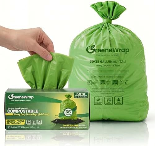 30-35 Gallon Compostable Trash Bags with Flat Top, 20 Count, Heavy Duty 1.6 Mil, Large Outdoor Yard Waste Bags, BPI Certified, ASTM D6400, Compostable Garbage Bags, Fits 30 33 35 Gallon by GreeneWrap